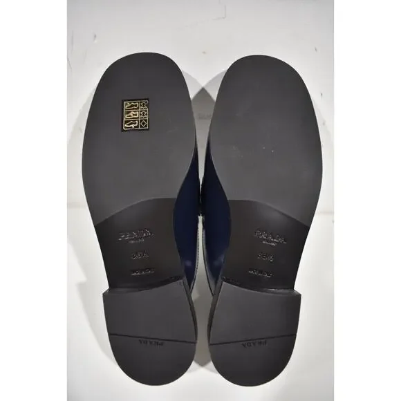 Prada Navy Blue Leather Triangle Silver Logo Loafer Slip On Slide Mule Flat 36.5